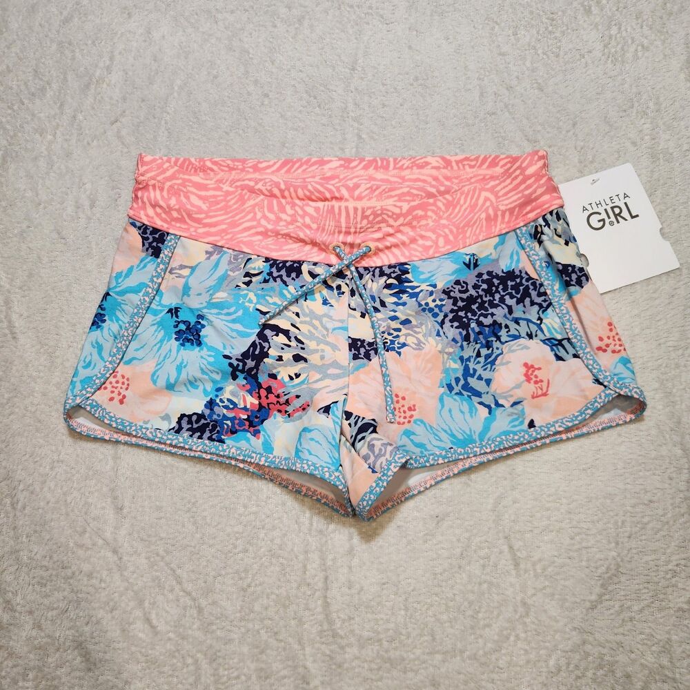 ATHLETA Girl Cannonball Short XL/14 Floral Swim Boy Shorts Pink Blue Lined NWT